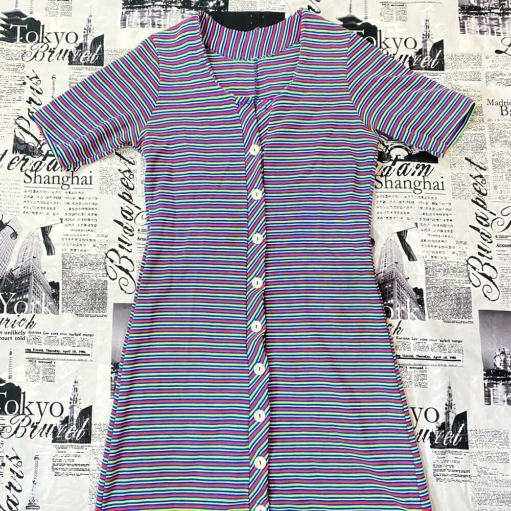 Women's rainbow striped dress homemade handmade vintage 70s mod psychedelic